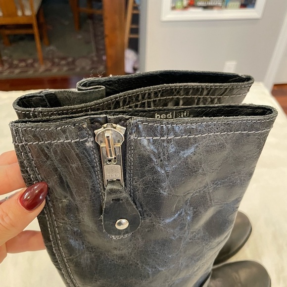 Bed Stu leather mid height tall riding boots round toe distressed side zip - Picture 10 of 12